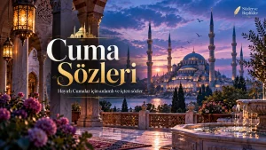Cuma sözleri sayfası için mor ve altın tonlarda cami manzaralı kapak görseli