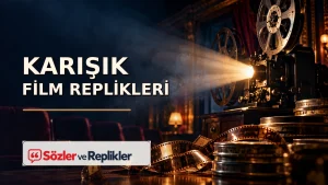 Karışık film replikleri başlıklı, film projektörü ve eski sinema salonunda ışık huzmesi bulunan sinematik kapak görseli.