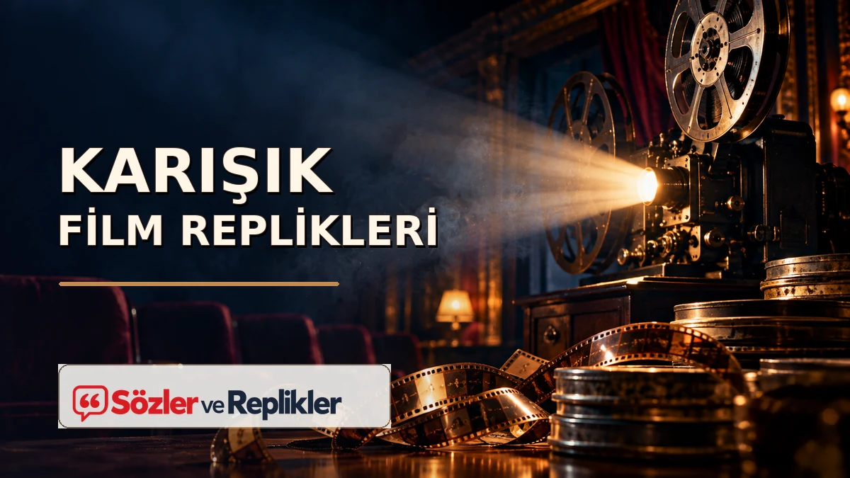 Karışık film replikleri başlıklı, film projektörü ve eski sinema salonunda ışık huzmesi bulunan sinematik kapak görseli.