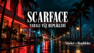 Scarface Yaralı Yüz Replikleri yazılı, neon ışıklı Miami sokaklarını gösteren sinematik kapak görseli.