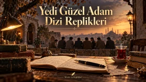 Kitaplar, açık defter ve yedi kişinin bulunduğu edebiyat temalı Yedi Güzel Adam Dizi Replikleri kapağı.