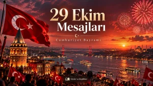 Türk bayrakları, İstanbul Boğazı ve havai fişeklerle hazırlanan “29 Ekim Mesajları – Cumhuriyet Bayramı” yazılı kapak görseli.