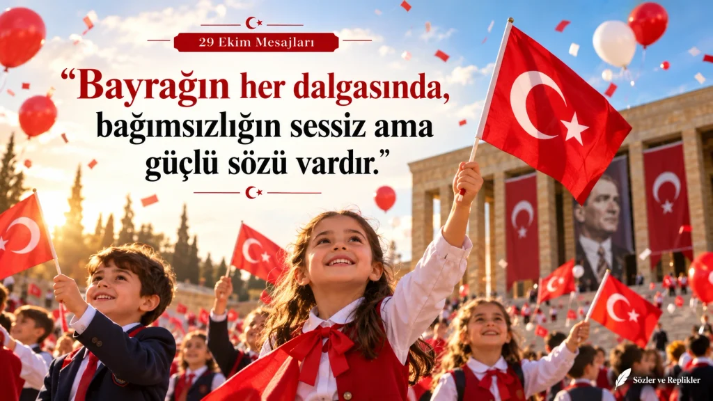 “Bayrağın her dalgasında, bağımsızlığın sessiz ama güçlü sözü vardır.” yazılı, Türk bayrakları taşıyan çocukların yer aldığı görsel.