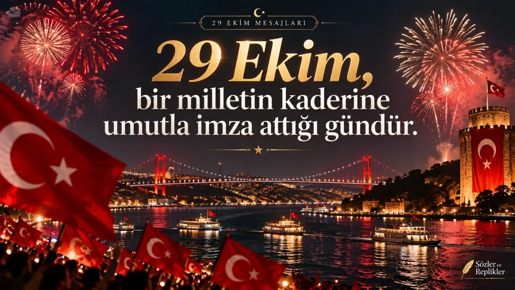 “29 Ekim, bir milletin kaderine umutla imza attığı gündür.” yazılı, Türk bayrakları ve havai fişeklerle aydınlanan Boğaz manzaralı görsel.
