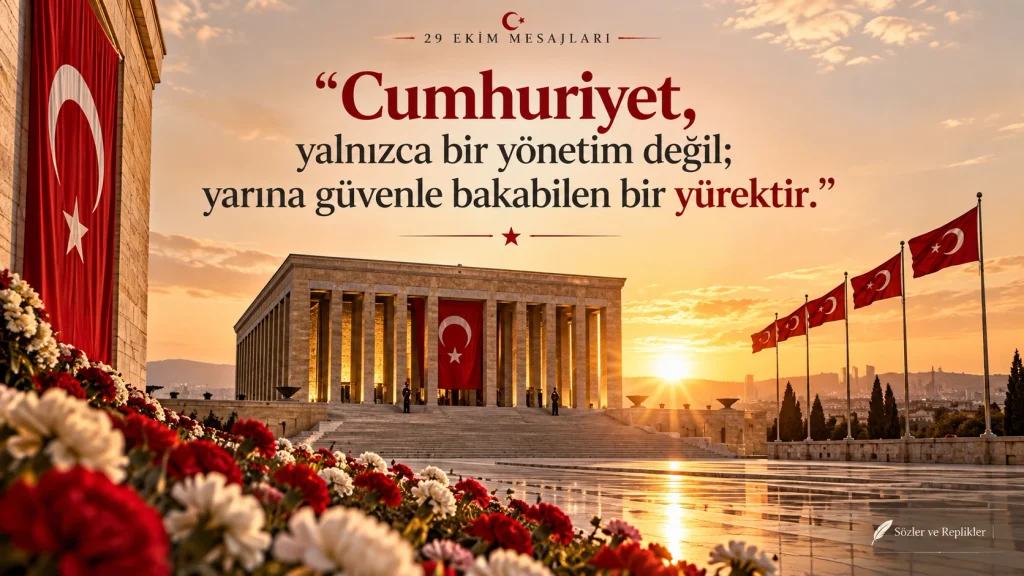 “Cumhuriyet, yalnızca bir yönetim değil; yarına güvenle bakabilen bir yürektir.” yazılı, Türk bayrakları ve gün batımıyla hazırlanan görsel.