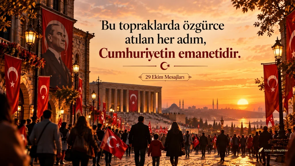 “Bu topraklarda özgürce atılan her adım, Cumhuriyetin emanetidir.” yazılı, bayraklarla süslenmiş bir caddede yürüyen insanların yer aldığı görsel.