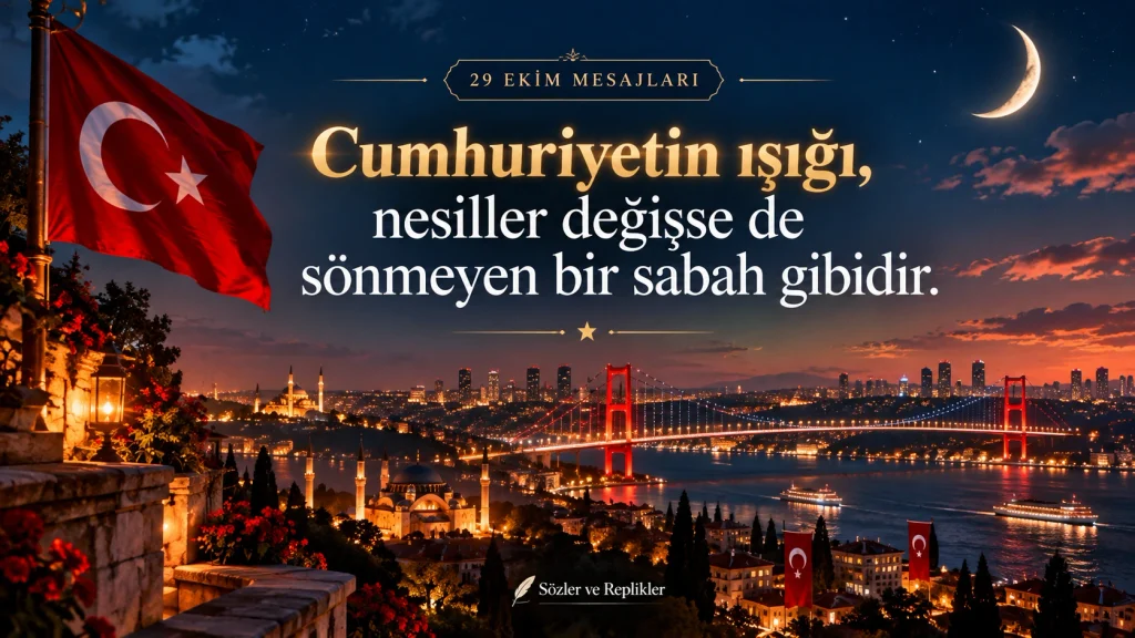 “Cumhuriyetin ışığı, nesiller değişse de sönmeyen bir sabah gibidir.” yazılı, Türk bayrağı ve gece Boğaz manzaralı görsel.