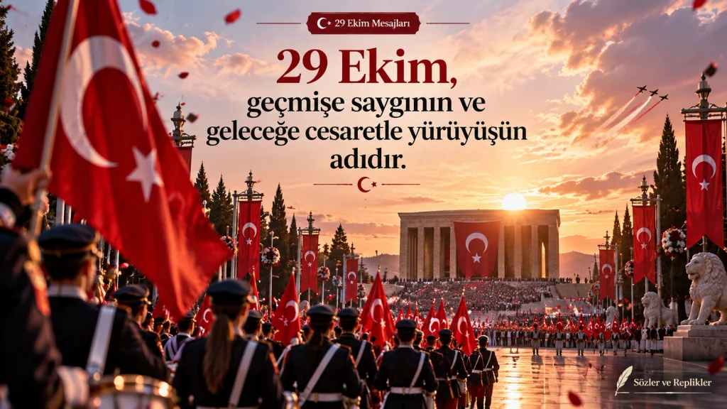 “29 Ekim, geçmişe saygının ve geleceğe cesaretle yürüyüşün adıdır.” yazılı, Türk bayrakları ve tören alanıyla hazırlanan görsel.