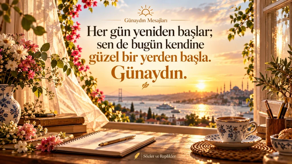 “Her gün yeniden başlar; sen de bugün kendine güzel bir yerden başla. Günaydın.” yazılı günaydın görseli.