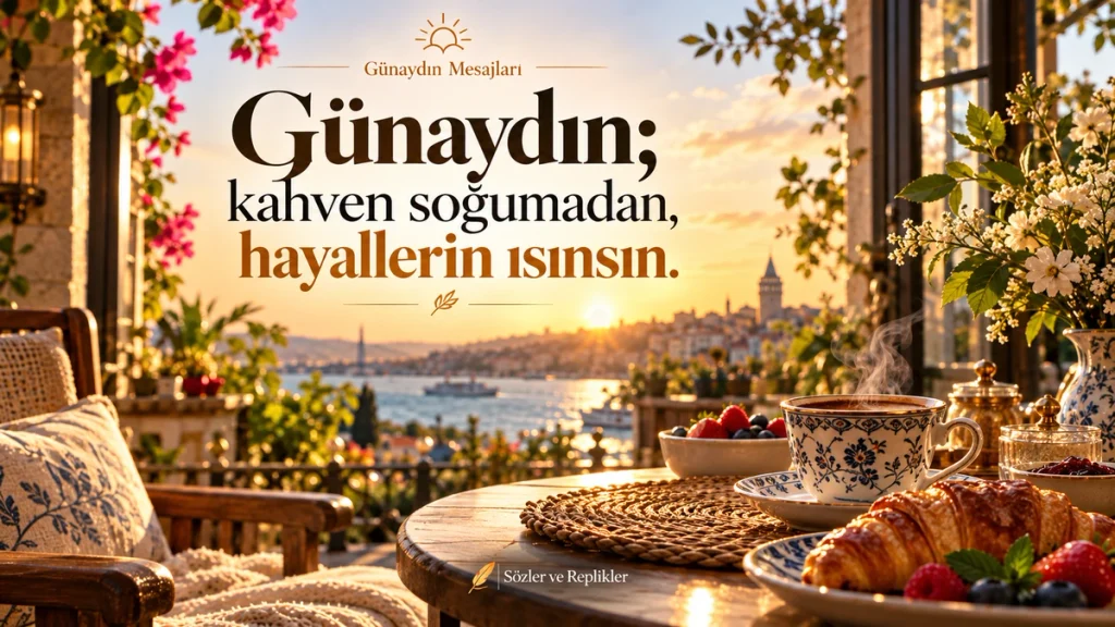 “Günaydın; kahven soğumadan, hayallerin ısınsın.” yazılı kahve ve sabah manzaralı günaydın mesajı.