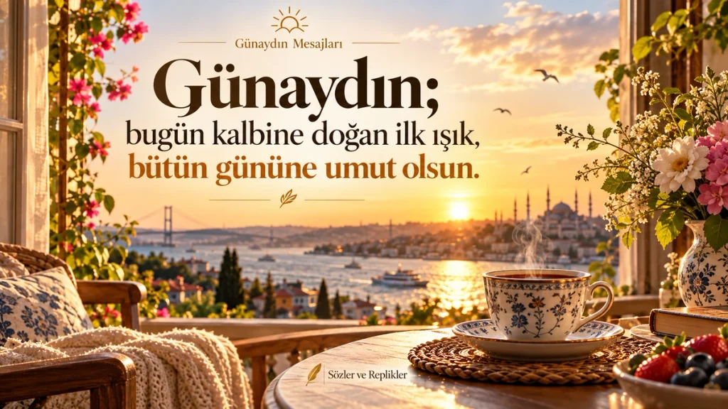 “Günaydın; bugün kalbine doğan ilk ışık, bütün gününe umut olsun.” yazılı resimli günaydın mesajı.