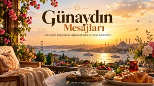 İstanbul Boğazı'nda gün doğumu, çiçekler ve kahvaltı masası eşliğinde Günaydın Mesajları kapak görseli.