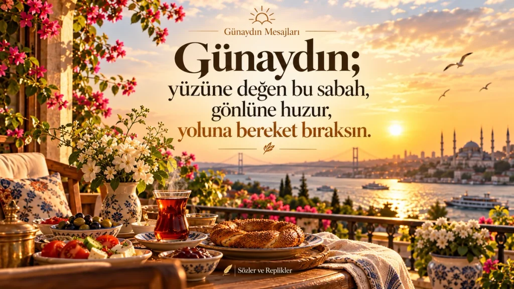“Günaydın; yüzüne değen bu sabah, gönlüne huzur, yoluna bereket bıraksın.” yazılı resimli günaydın mesajı.