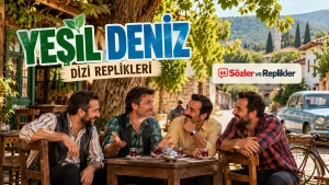Yeşil Deniz dizi replikleri başlıklı, Ege kasabasında dört arkadaşın sohbetini gösteren kapak görseli