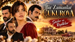 Bir Zamanlar Çukurova dizi replikleri için pamuk tarlası, konak ve karakter illüstrasyonları içeren sinematik kapak görseli.