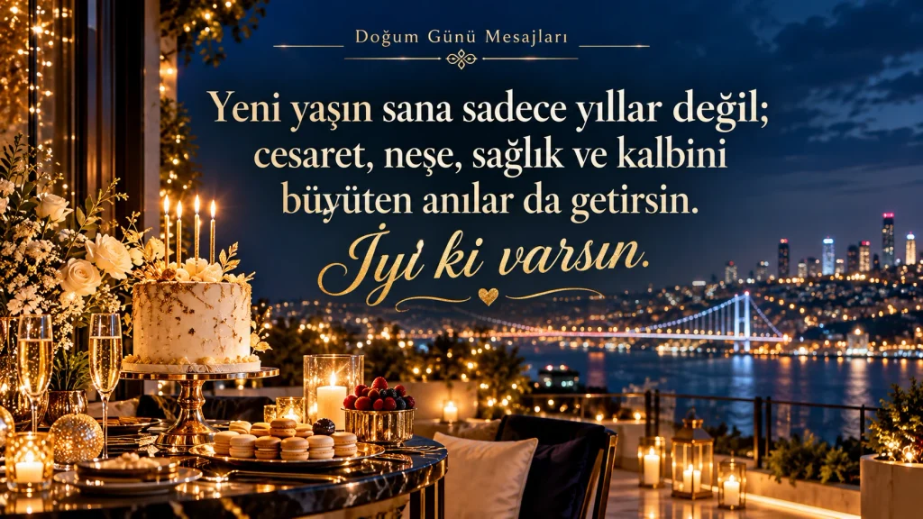 “Yeni yaşın sana sadece yıllar değil; cesaret, neşe, sağlık ve kalbini büyüten anılar da getirsin. İyi ki varsın.” yazılı doğum günü mesajı.