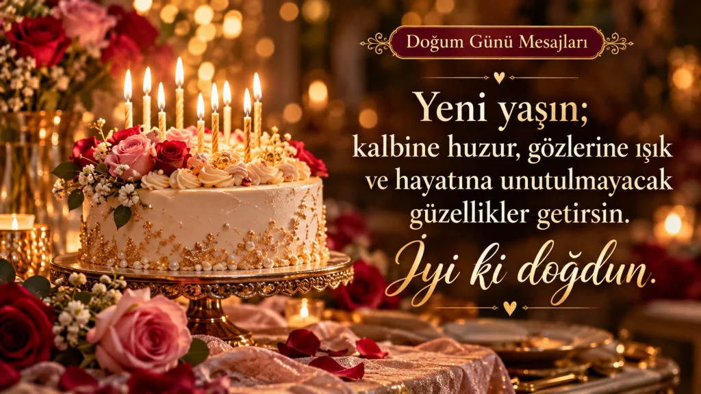 “Yeni yaşın; kalbine huzur, gözlerine ışık ve hayatına unutulmayacak güzellikler getirsin. İyi ki doğdun.” yazılı doğum günü mesajı görseli.