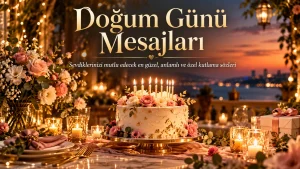 Çiçeklerle süslenmiş doğum günü pastası, mumlar ve gün batımı manzarası eşliğinde Doğum Günü Mesajları kapak görseli.
