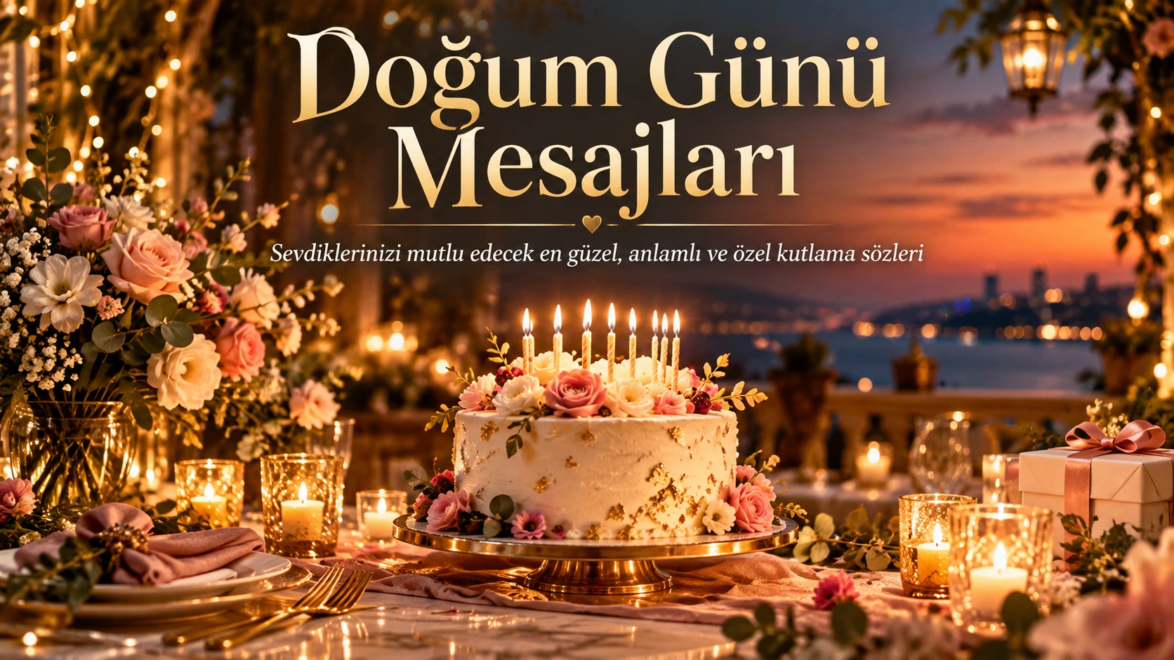 Çiçeklerle süslenmiş doğum günü pastası, mumlar ve gün batımı manzarası eşliğinde Doğum Günü Mesajları kapak görseli.