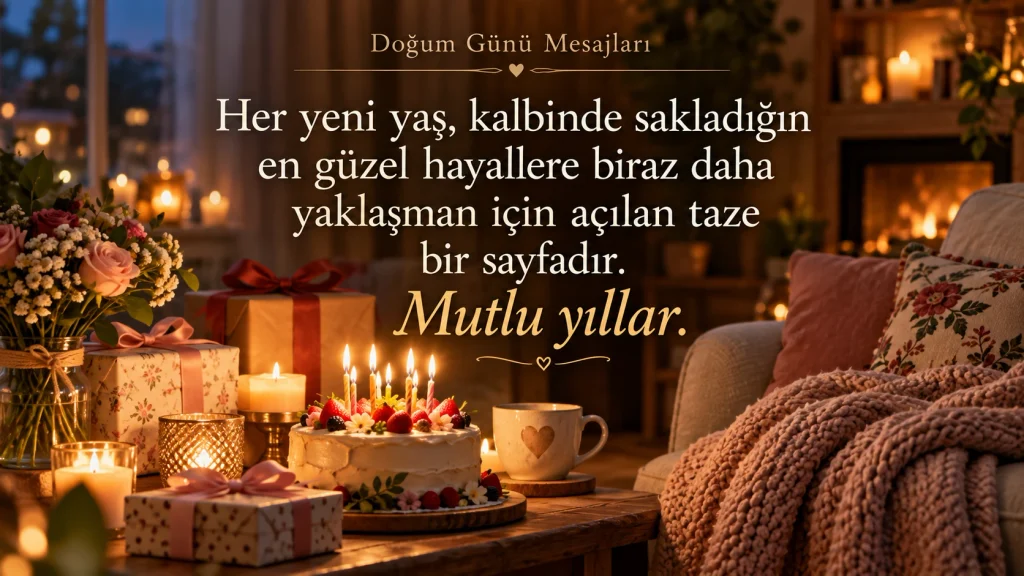 “Her yeni yaş, kalbinde sakladığın en güzel hayallere biraz daha yaklaşman için açılan taze bir sayfadır. Mutlu yıllar.” yazılı resimli doğum günü mesajı.