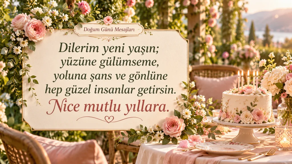 “Dilerim yeni yaşın; yüzüne gülümseme, yoluna şans ve gönlüne hep güzel insanlar getirsin. Nice mutlu yıllara.” yazılı doğum günü mesajı.