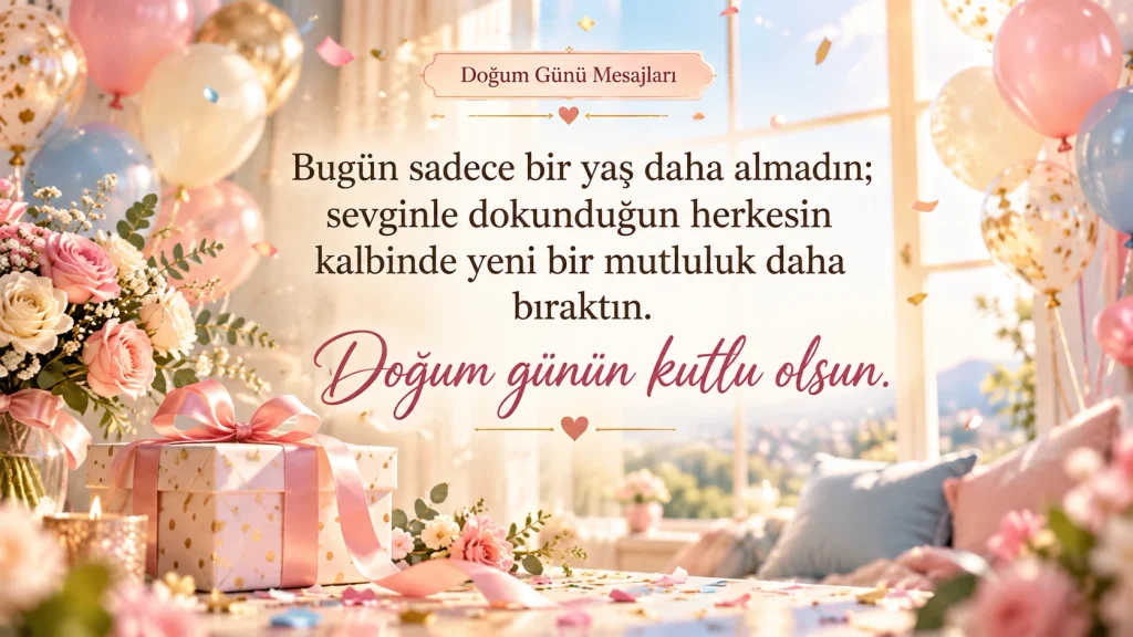 “Bugün sadece bir yaş daha almadın; sevginle dokunduğun herkesin kalbinde yeni bir mutluluk daha bıraktın. Doğum günün kutlu olsun.” yazılı resimli doğum günü mesajı.