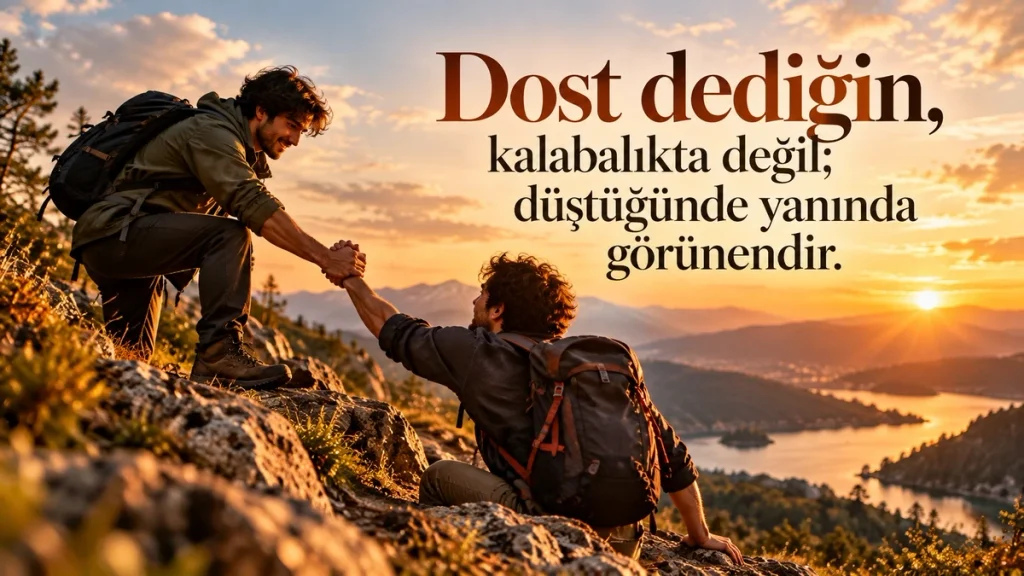 “Dost dediğin, kalabalıkta değil; düştüğünde yanında görünendir.” yazılı, gün batımında kayalık bir yamaçta birbirine yardım eden sırt çantalı iki arkadaşın bulunduğu resimli sözü.