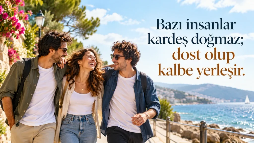 “Bazı insanlar kardeş doğmaz; dost olup kalbe yerleşir.” yazılı, güneşli bir günde deniz kenarında birlikte yürüyüp gülen üç arkadaşın bulunduğu resimli sözü.