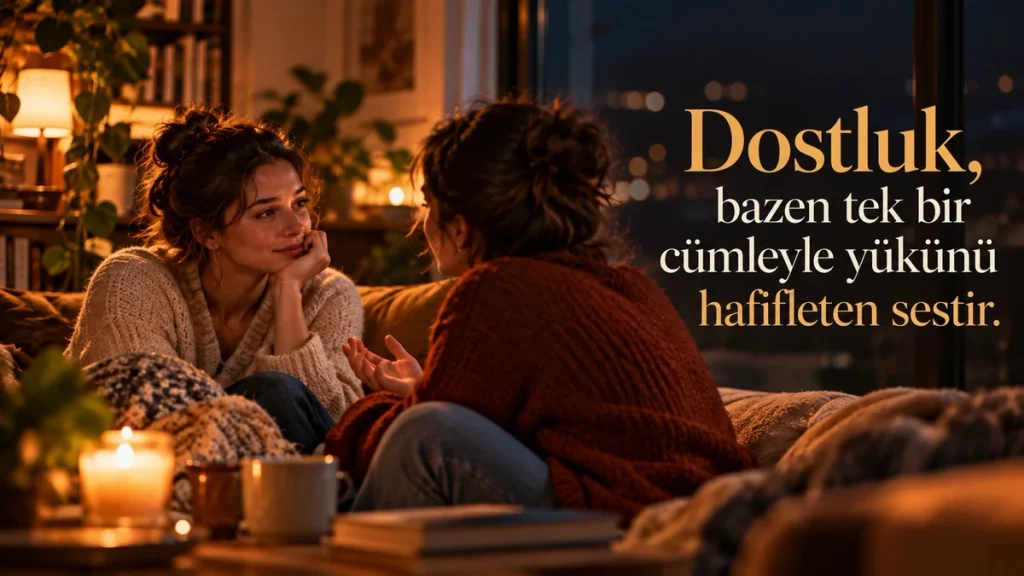 “Dostluk, bazen tek bir cümleyle yükünü hafifleten sestir.” yazılı, sıcak ışıklı bir odada karşılıklı oturup sohbet eden iki kadın, mumlar ve kahve fincanlarının bulunduğu resimli sözü.