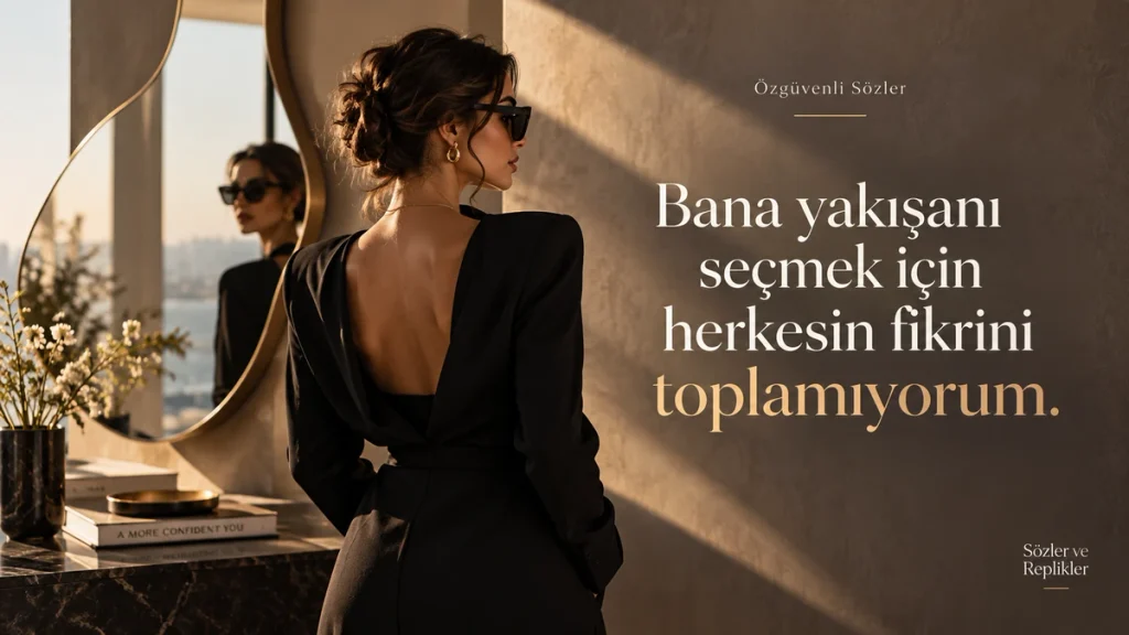 “Bana yakışanı seçmek için herkesin fikrini toplamıyorum.” yazılı, zarif ve güçlü duruşu yansıtan özgüvenli sözü.