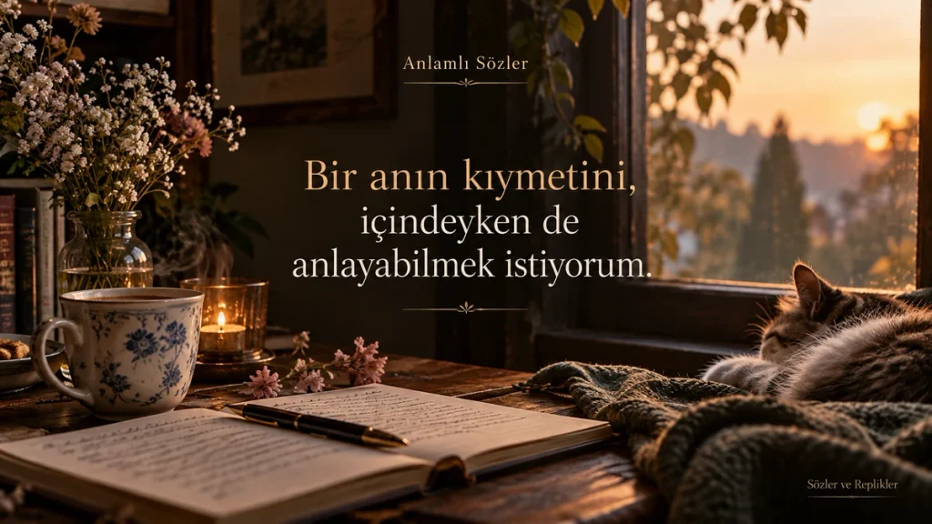 “Bir anın kıymetini, içindeyken de anlayabilmek istiyorum.” yazılı, sakin ve huzurlu atmosferde hazırlanmış anlamlı Instagram sözü.