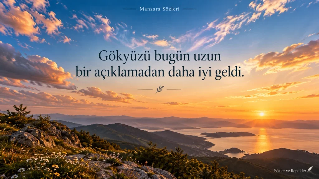 “Gökyüzü bugün uzun bir açıklamadan daha iyi geldi.” yazılı, gün batımı ve gökyüzü manzaralı Instagram sözü.