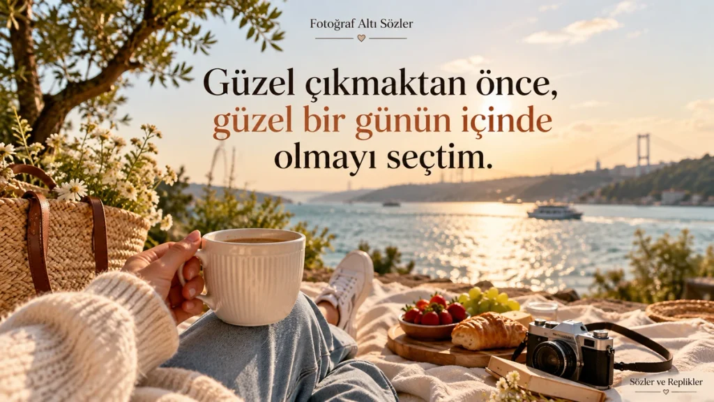 “Güzel çıkmaktan önce, güzel bir günün içinde olmayı seçtim.” yazılı, aydınlık ve keyifli atmosferli Instagram fotoğraf altı sözü.