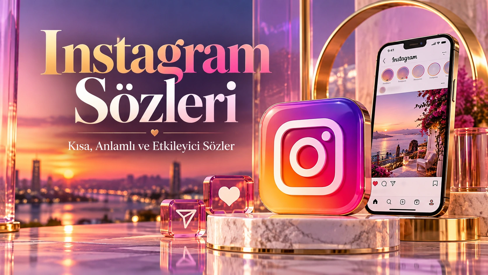 Akdeniz manzaralı şık bir terasta hazırlanan Instagram Sözleri kapak görseli.