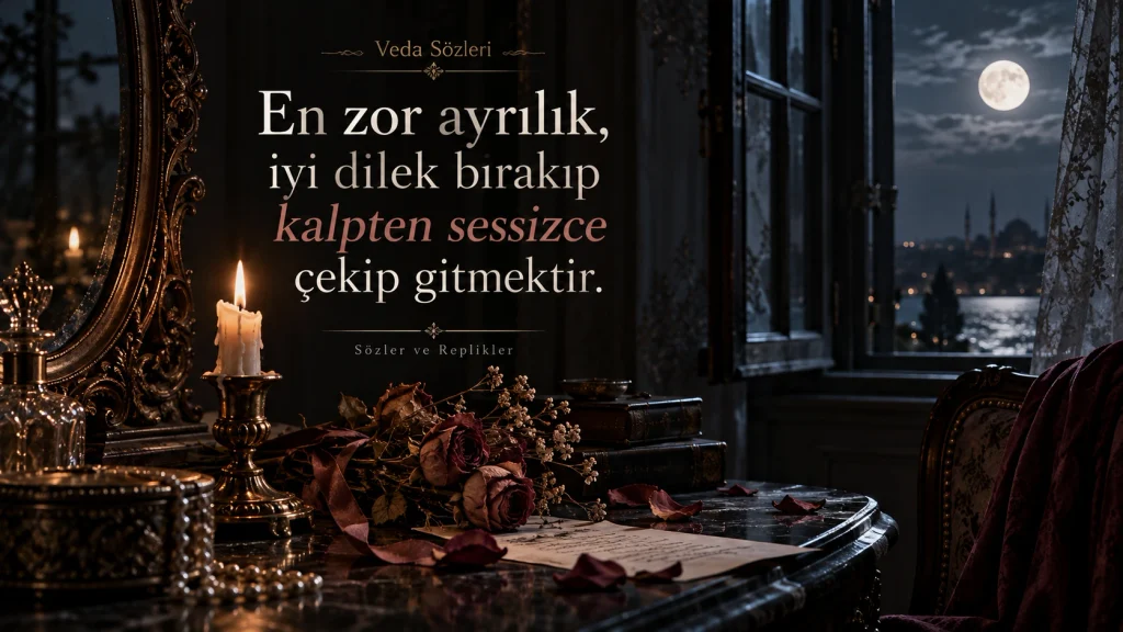“Bazı vedalar gitmek değil, içinden sessizce eksilmektir.” yazılı, açık kapı ve valiz temalı duygusal veda sözü görseli.