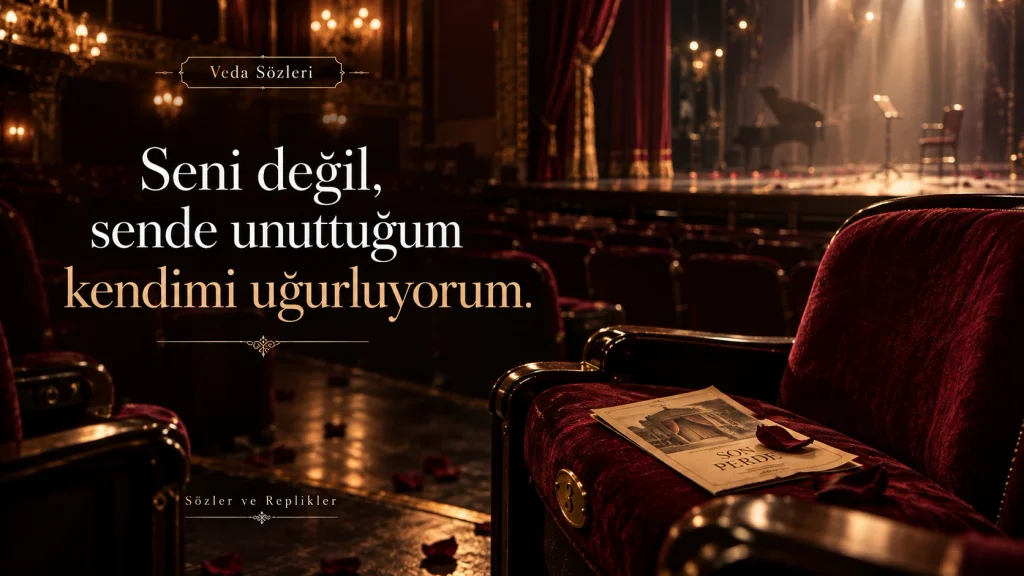 “Seni değil, sende unuttuğum kendimi uğurluyorum.” yazılı, boş tiyatro salonu ve kırmızı koltuk temalı veda sözü görseli.