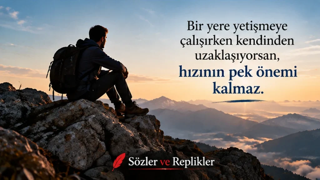 “Bir yere yetişmeye çalışırken kendinden uzaklaşıyorsan, hızının pek önemi kalmaz.” yazılı, dağ manzarasında sırt çantasıyla oturup uzaklara bakan bir kişinin bulunduğu anlamlı söz görseli.