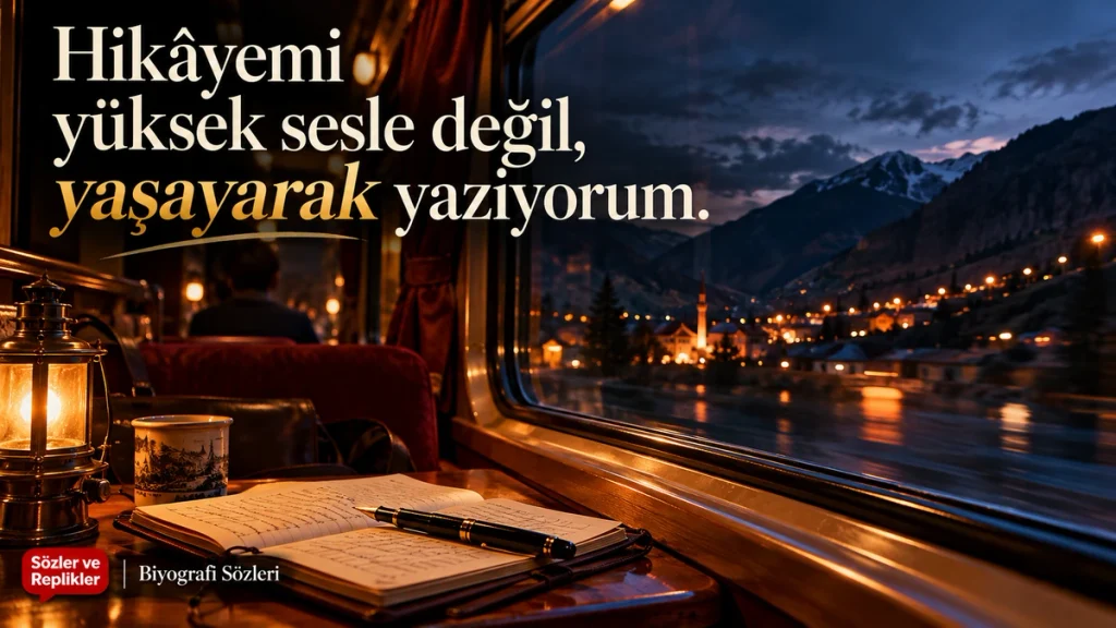 “Hikâyemi yüksek sesle değil, yaşayarak yazıyorum.” yazılı, tren yolculuğu ve açık defter temalı biyografi sözü.