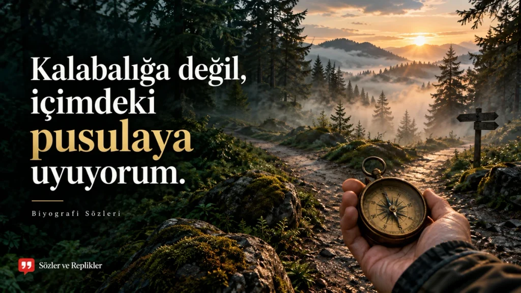 “Kalabalığa değil, içimdeki pusulaya uyuyorum.” yazılı, sisli orman ve pusula temalı biyografi sözü.