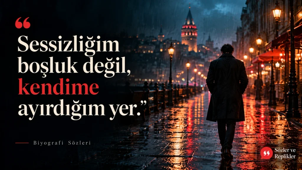 “Sessizliğim boşluk değil, kendime ayırdığım yer.” yazılı yağmurlu şehir manzaralı biyografi sözü.