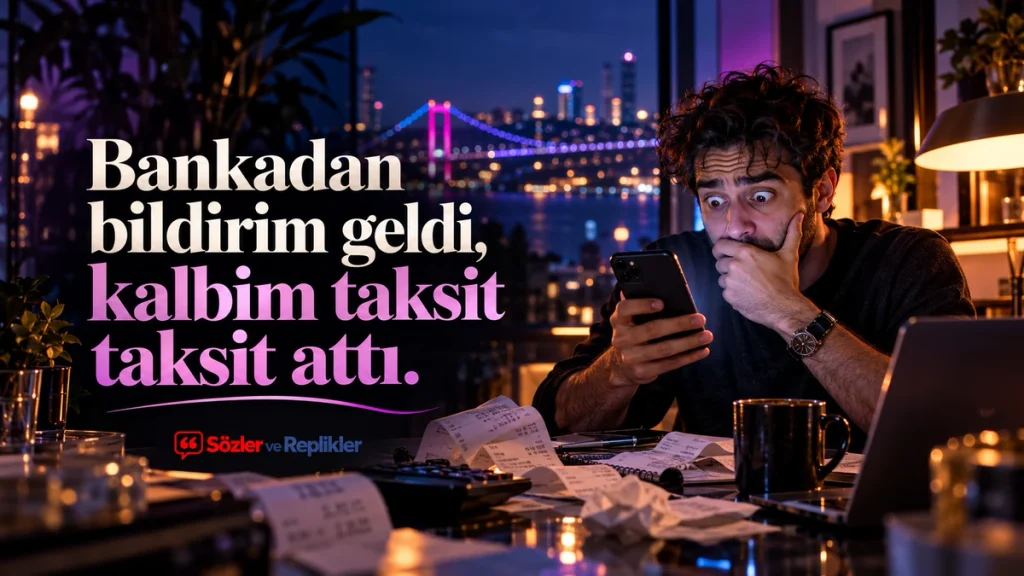 “Bankadan bildirim geldi, kalbim taksit taksit attı.” yazılı, telefonuna şaşkınlıkla bakan adamın ve masadaki fişlerin yer aldığı komik söz görseli.