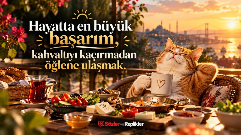 “Hayatta en büyük başarım, kahvaltıyı kaçırmadan öğlene ulaşmak.” yazılı, Boğaz manzaralı kahvaltı sofrasında keyif yapan kedinin bulunduğu komik söz görseli.