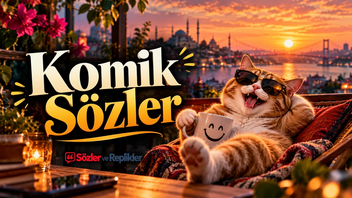 Komik Sözler başlıklı, İstanbul Boğazı'nda gün batımı manzarası eşliğinde güneş gözlüğü takmış, fincan tutan neşeli kedi görseli.