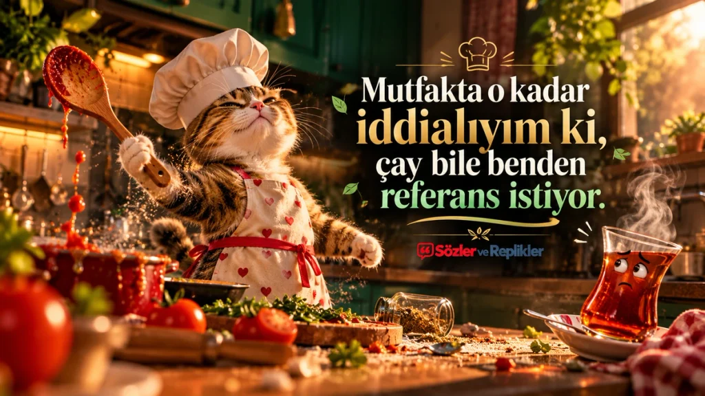 “Mutfakta o kadar iddialıyım ki, çay bile benden referans istiyor.” yazılı, aşçı şapkalı kedinin ve yüz ifadesi bulunan çay bardağının yer aldığı komik söz görseli.