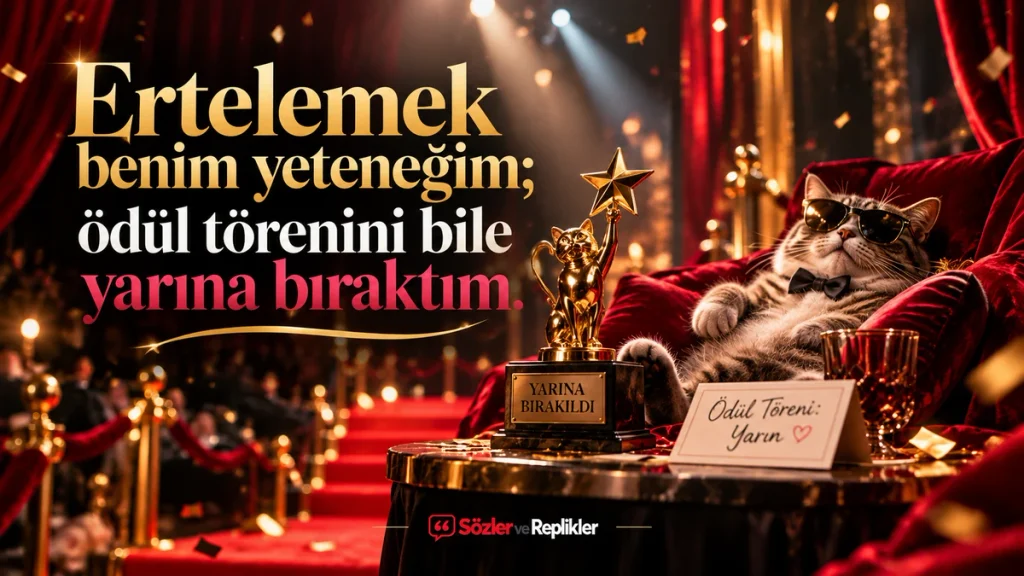 “Ertelemek benim yeteneğim; ödül törenini bile yarına bıraktım.” yazılı, kırmızı koltukta uzanan güneş gözlüklü kedinin ve altın ödül heykelinin yer aldığı görsel.