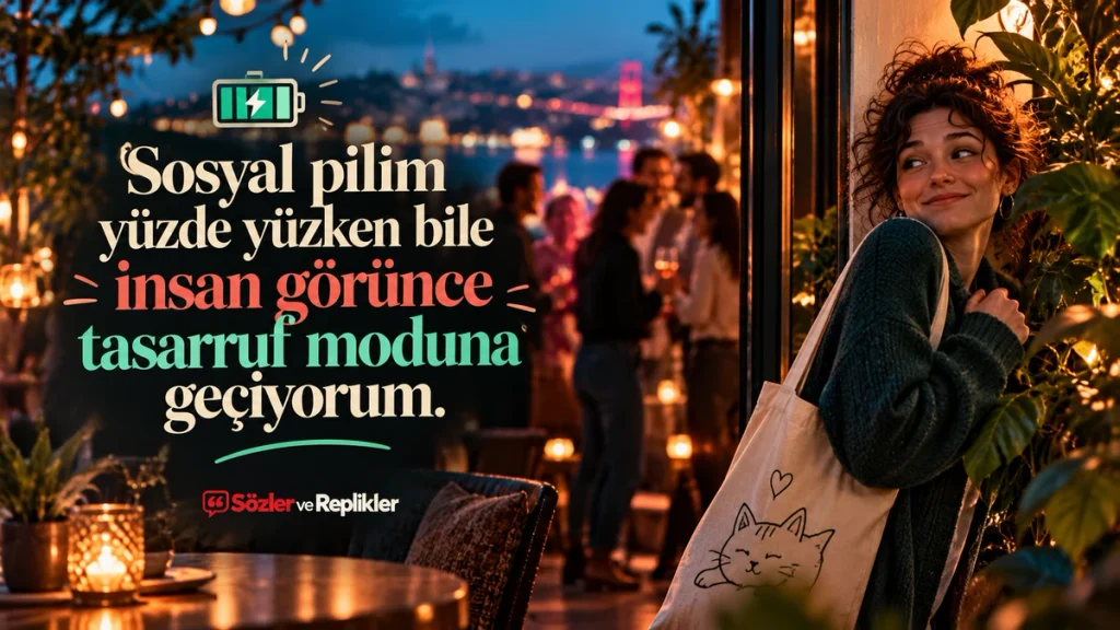 “Sosyal pilim yüzde yüzken bile insan görünce tasarruf moduna geçiyorum.” yazılı, kalabalık bir akşam ortamında kenarda duran genç kadının yer aldığı söz görseli.