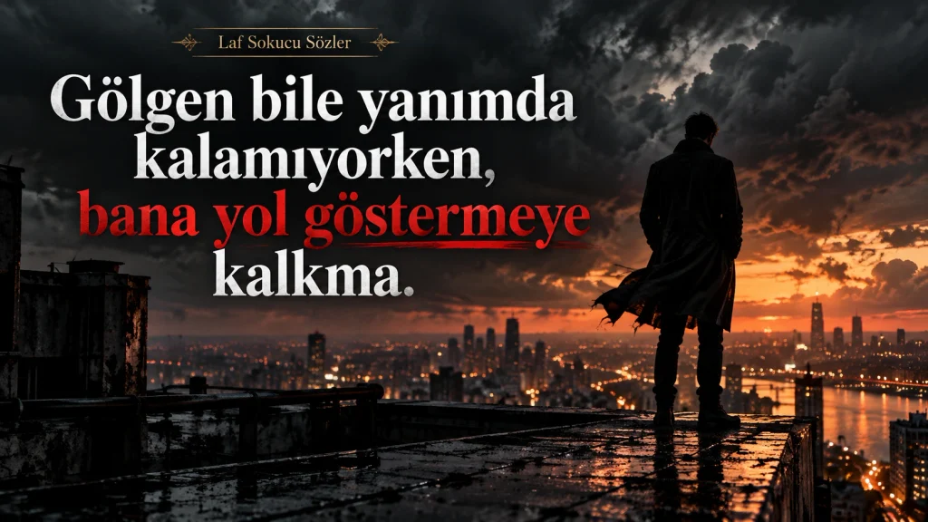Fırtınalı gökyüzü altında hazırlanmış sert temalı laf sokucu söz görseli.
