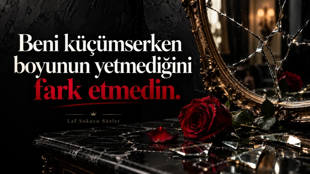 Kırık ayna ve kızıl gül temalı sahnede yer alan laf sokucu söz görseli.