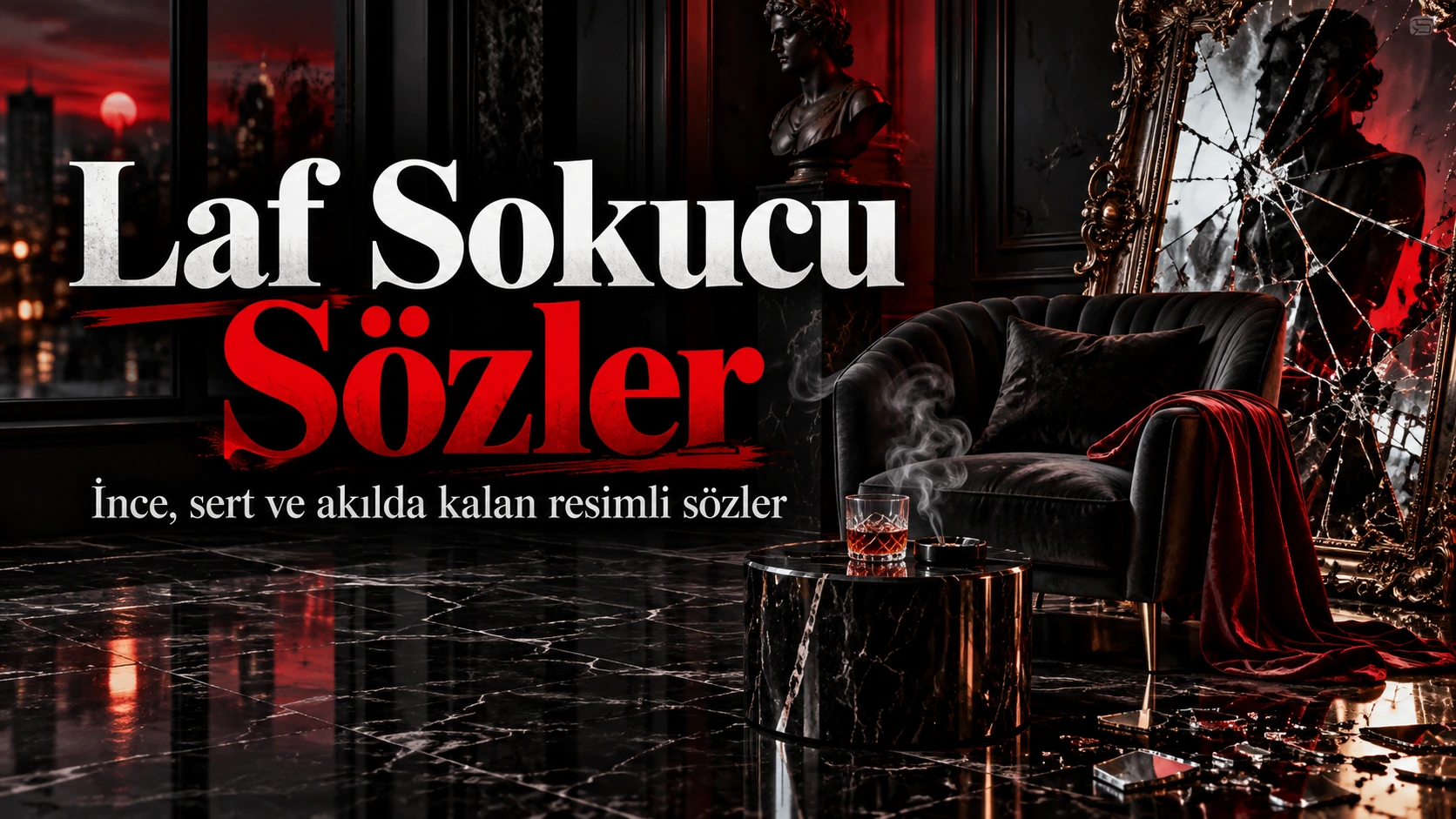 Laf Sokucu Sözler – İnce, sert ve akılda kalan resimli sözler başlıklı, kırık ayna ve kırmızı siyah dekorlu kapak görseli.