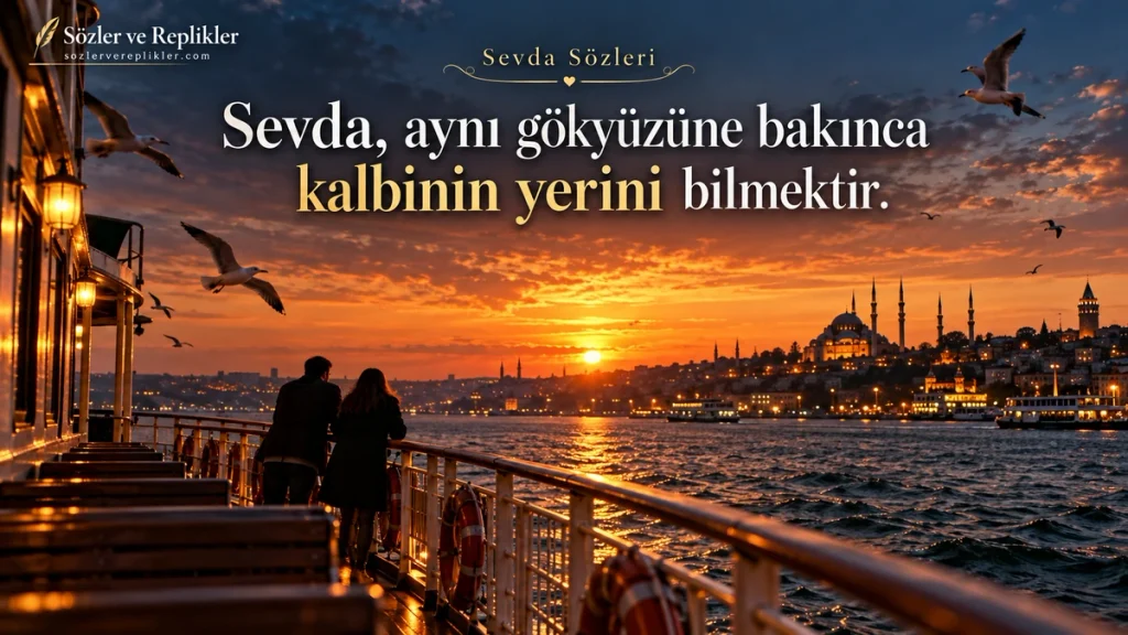 “Sevda, aynı gökyüzüne bakınca kalbinin yerini bilmektir.” yazılı, İstanbul Boğazı'nda gün batımı sırasında vapur güvertesinde yan yana duran iki kişi ve uçan martıların görüldüğü resimli sevda sözü.